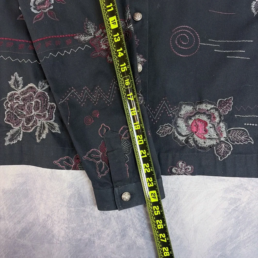 Laura Ashley Womens L Black Floral Embroidered Cotton Jacket Boho Button Front